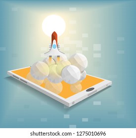 spacecraft go to star from mobile face with blue background,cloudy low poly design,and isometric shape,communication development to the future and creative information concept,vector art  illustration