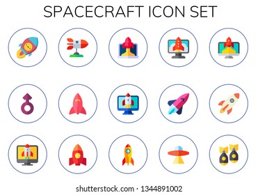 spacecraft icon set. 15 flat spacecraft icons.  Simple modern icons about  - rocket, mars, startup, aliens, missile