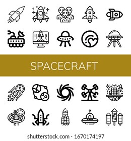 spacecraft icon set. Collection of Rocket, Moon rover, Alien, Ufo, Spaceship, Pluto, Black hole, Astronomy, Booster, Space colonization icons