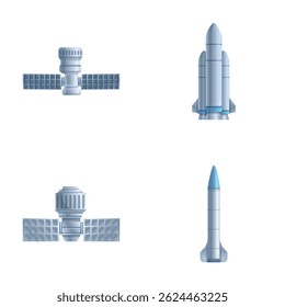 Spacecraft icons set cartoon vector. Satellite, rocket and shuttle. Universe exploring equipment