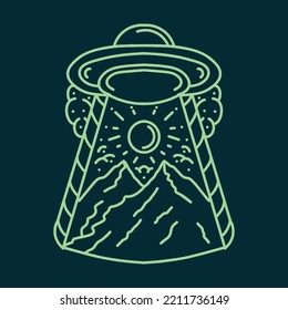 spacecraft illustration Monoline Vector, mountain vintage badge, creative emblem Design For T-shirt Design