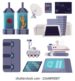 Spacecraft interior futuristic elements, flat vector illustration isolated on white background. Modern technologies for space exploring. Mars rover. control panel, satellite dish and solar battery.