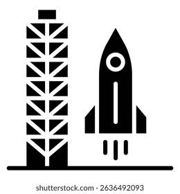 Spacecraft launch icon Flat outline fill black and white