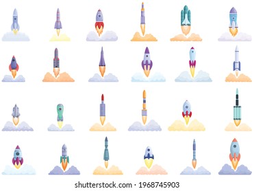 Startsymbole für Raumfahrzeuge festgelegt. Cartoon-Set von Trägerraketen-Vektorsymbole für Webdesign