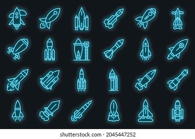 Spacecraft launch icons set. Outline set of spacecraft launch vector icons neon color on black