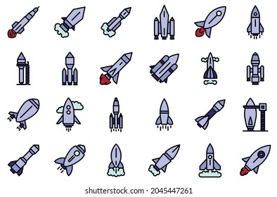 Juego de iconos de lanzamiento de naves espaciales. Conjunto de esquemas de lanzamiento de naves espaciales iconos vectoriales color de línea delgada plano aislado en blanco