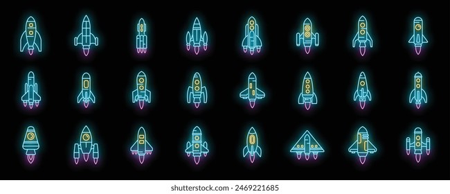 Los íconos de lanzamiento de la nave espacial definen el Vector de contorno. Nave cohete. Cosmos futuro color neón en negro