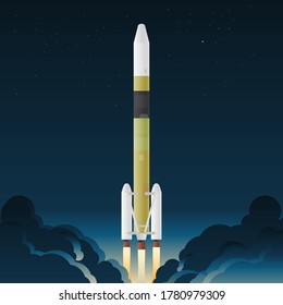 Spacecraft launch with space background, first mission by UAE to Mars 2020, vector science illustration