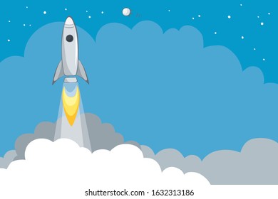 Spacecraft launch. Vector background with copy space, rocket flies up.