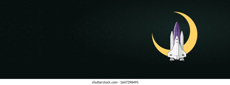 The spacecraft is launched into space for a month. Space rocket on stars and moon background.