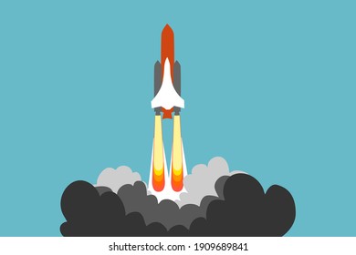 The spacecraft is launching up to the space. Flat shape Space shuttle with fire from jet engines and a lot of smoke on the ground.