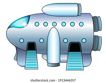 The spacecraft is on the ground with open locks and ramps lowered. Spaceship at the cosmodrome. Starship parked - vector full color illustration