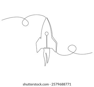 Spacecraft in one continuous line drawing. Rocket space ship launch into universe concept. Rocket in simple linear style. Editable outline illustration