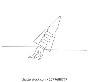 Spacecraft in one continuous line drawing. Rocket space ship launch into universe concept. Rocket in simple linear style. Editable outline illustration