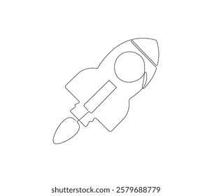 Spacecraft in one continuous line drawing. Rocket space ship launch into universe concept. Rocket in simple linear style. Editable outline illustration