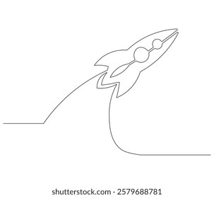 Spacecraft in one continuous line drawing. Rocket space ship launch into universe concept. Rocket in simple linear style. Editable outline illustration