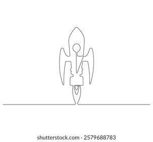 Spacecraft in one continuous line drawing. Rocket space ship launch into universe concept. Rocket in simple linear style. Editable outline illustration