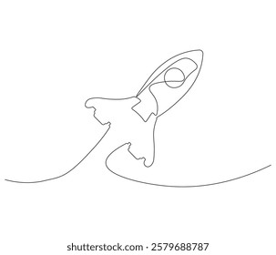 Spacecraft in one continuous line drawing. Rocket space ship launch into universe concept. Rocket in simple linear style. Editable outline illustration