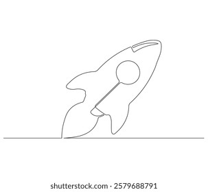 Spacecraft in one continuous line drawing. Rocket space ship launch into universe concept. Rocket in simple linear style. Editable outline illustration