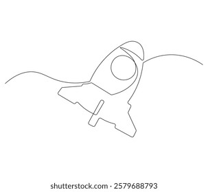 Spacecraft in one continuous line drawing. Rocket space ship launch into universe concept. Rocket in simple linear style. Editable outline illustration