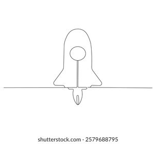 Spacecraft in one continuous line drawing. Rocket space ship launch into universe concept. Rocket in simple linear style. Editable outline illustration