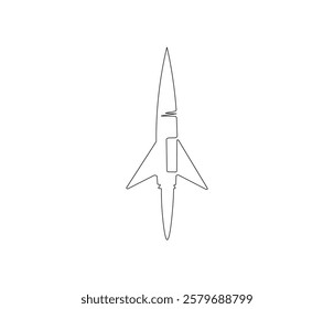 Spacecraft in one continuous line drawing. Rocket space ship launch into universe concept. Rocket in simple linear style. Editable outline illustration