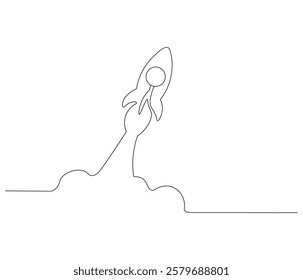 Spacecraft in one continuous line drawing. Rocket space ship launch into universe concept. Rocket in simple linear style. Editable outline illustration