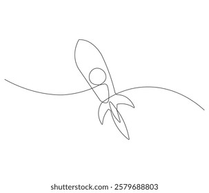 Spacecraft in one continuous line drawing. Rocket space ship launch into universe concept. Rocket in simple linear style. Editable outline illustration