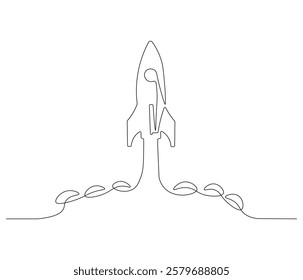 Spacecraft in one continuous line drawing. Rocket space ship launch into universe concept. Rocket in simple linear style. Editable outline illustration