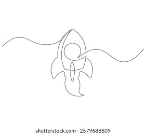 Spacecraft in one continuous line drawing. Rocket space ship launch into universe concept. Rocket in simple linear style. Editable outline illustration