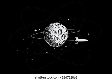 spacecraft orbiting the moon.Hand drawn style.Vector illustration