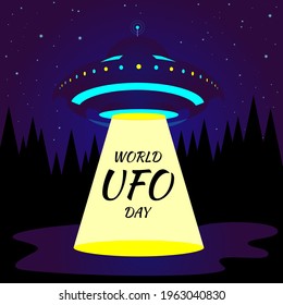 Spacecraft over the ground at night, beam of light. World UFO Day. Banner with text. Vector stock illustration. 