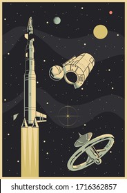 Spacecraft Poster, Retro Future Space Ship, Rocket, Station, Planets, Stars