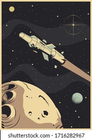 Spacecraft Poster, Spaceship, Asteroid, Stars and Planets Retro Illustration style