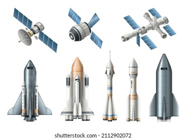 Arreglo realista de naves espaciales con una estación espacial aislada de lanzacohetes satelitales en la ilustración de un vector de fondo blanco