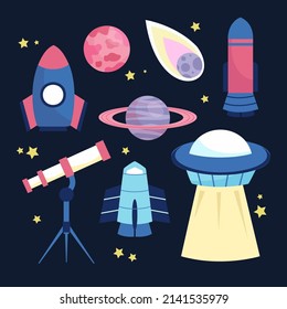 Spacecraft shuttle exploration. Fly in outer space vehicle and machine, astronomy station. Vector illustration.