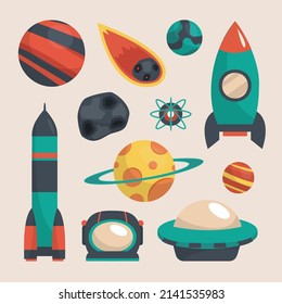 Spacecraft shuttle exploration. Fly in outer space vehicle and machine, astronomy station. Vector illustration.