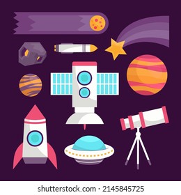 Spacecraft shuttle exploration. Fly in outer space vehicle and machine, astronomy station. Vector illustration.