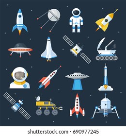 Spacecraft Shuttle Exploration. Fly In Outer Space Vehicle And Machine, Astronomy Station. Vector Flat Style Illustration Isolated On Starry Sky Background