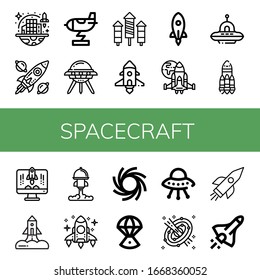 spacecraft simple icons set. Contains such icons as Space colonization, Spacecraft, Rocket, Ufo, Spaceship, Black hole, Space capsule, Space, can be used for web, mobile and logo