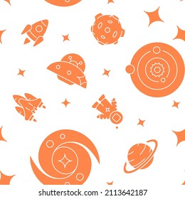 Spacecraft In Space Abstract Seamless Pattern. Vector Shapes On White Background. Trendy Texture With Cartoon Color Icons. Design With Graphic Elements For Interior, Fabric, Website Decoration