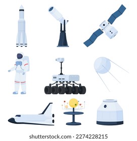 Spacecraft for space exploration. Scientific trips to outer space. Astronaut journey beyond the earth surface. Vector illustration