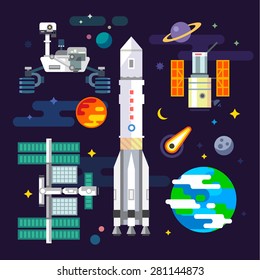 Spacecraft and space industry elements in vector flat illustration: moon, planets, comets, rover