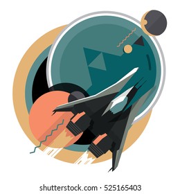 Spacecraft, spaceship in space, planet, flat modern illustration, star war