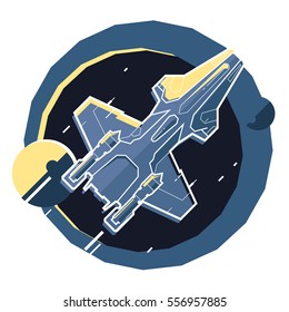 Spacecraft, spaceship in space, planet, flat modern illustration, star war