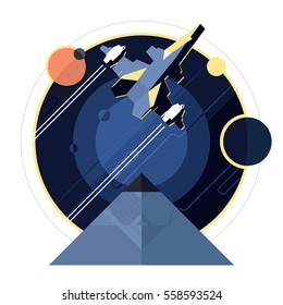 Spacecraft, spaceship in space, planet and pyramid, star war