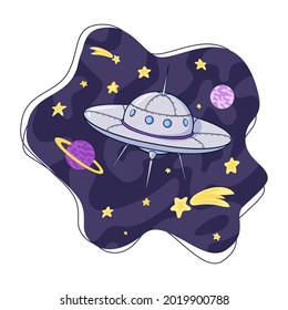 Spacecraft and Stars Cartoon Illustration. Spaceship in universe. UFO illustration for logo, print, nursery decor, Web design, Banner, Flyer, Sticker, Card