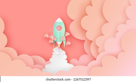 Spacecraft start up to sky with heart balloons. Graphic for travel on Valentine's Day. Drive the spacecraft go on honeymoon. paper cut and craft style. vector, illustration.