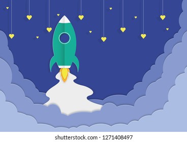 Spacecraft start up to sky with heart shape hanging in the air. Graphic for travel on Valentine's Day. Drive the spacecraft go on honeymoon. paper cut and craft style. Vector, illustration.