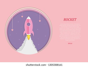 Spacecraft start up to sky with heart shape hanging in the air. Graphic for travel on Valentine's Day. Drive the spacecraft go on honeymoon. paper cut and craft style. Vector, illustration.
